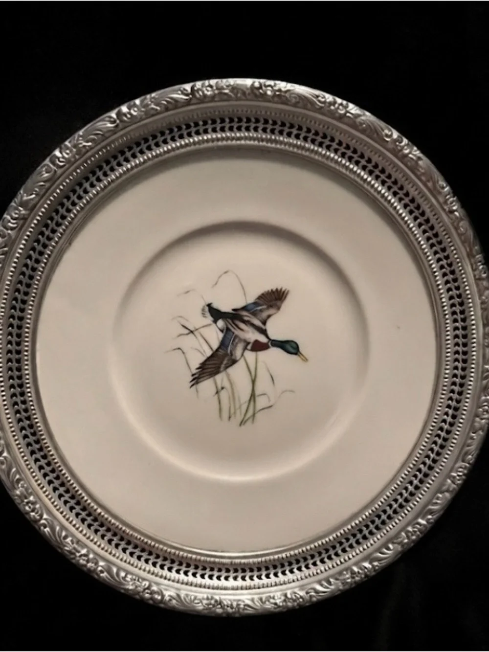 gorgeous !  this vintage Frank M. Whiting porcelain plate sterling silver trim.